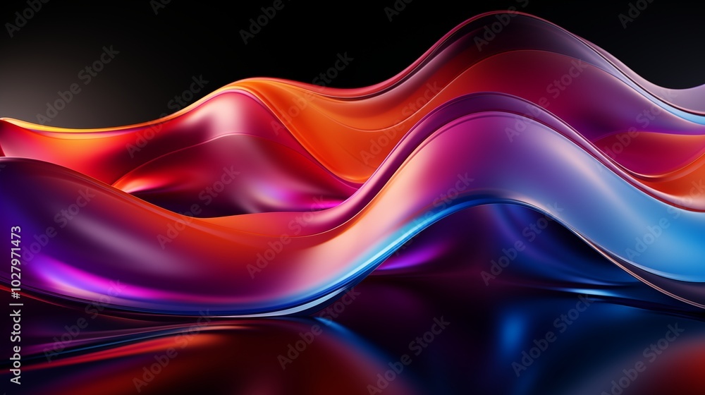 Poster abstract fluid iridescent holographic curved wave in motion colorful gradient design on black backgr