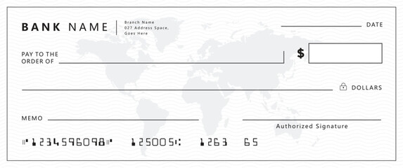 White bank check cheque voucher mockup with world amp	