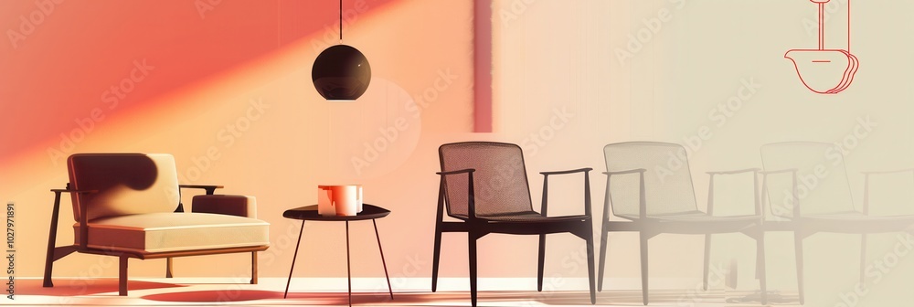 Poster The design showcases silhouettes of various furniture pieces, creating a stylish atmosphere with a gentle color gradient background. Generative AI