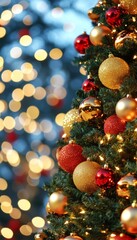 A beautifully decorated Christmas tree with red and gold ornaments, glistening with festive cheer.