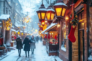 Obraz premium A snowy street lined with Christmas lights and festive decorations, creating a magical atmosphere.