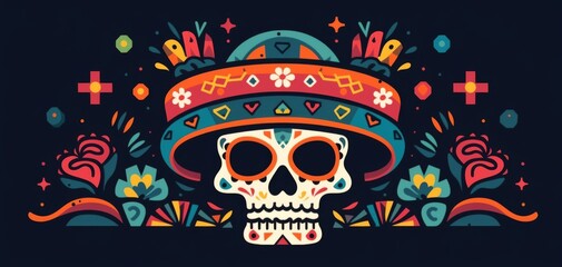 Day of the Dead Logo Featuring Masks, Skulls, and Sombrero with Colorful Patterns on Dark Blue Background.