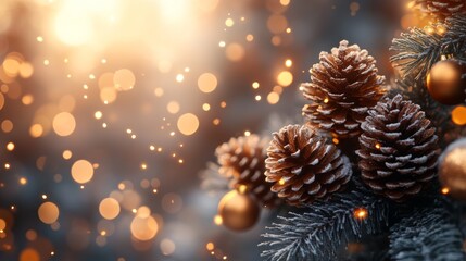 Christmas tree with golden baubles, fir cones and lights bokeh background. Space for text. Copy space. Greeting card.