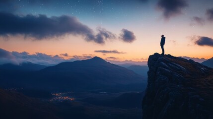 Fototapeta premium A lone figure stands on a mountain peak at sunset, gazing at the beautiful landscape and tranquil sky filled with clouds.