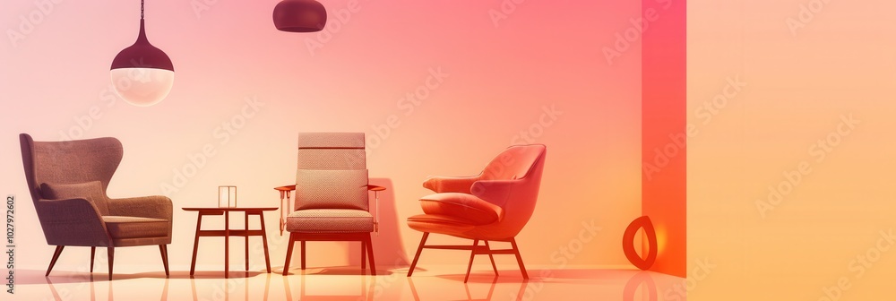 Poster silhouettes of stylish furniture pieces create a modern atmosphere, enhancing the calming gradient b