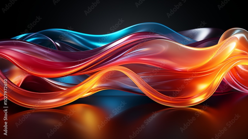 Poster abstract multicolored wavy ornament with shiny gradient colorful lines forming black background