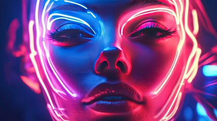 A woman's face illuminated by vibrant neon lines, creating a futuristic and artistic effect.
