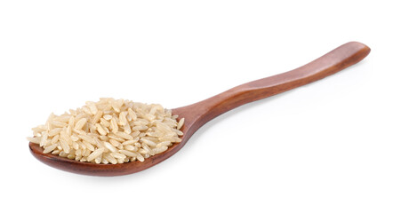 Raw rice in wooden spoon isolated on white