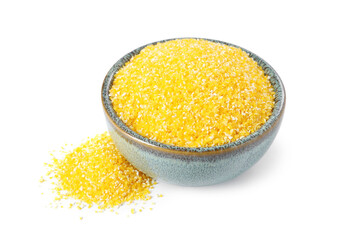 Raw cornmeal in bowl isolated on white