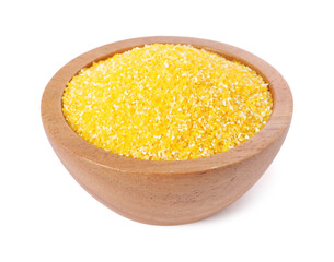 Raw cornmeal in bowl isolated on white