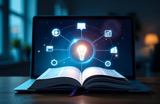 A digital book icon displayed on a computer screen with other education and technology icons, set against a blue background.