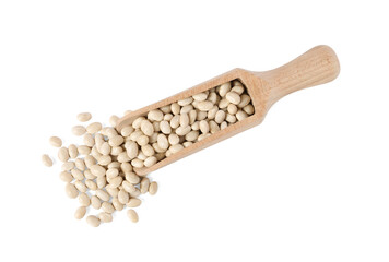 Dried beans in wooden scoop isolated on white, top view