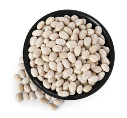 Dried beans in bowl isolated on white, top view