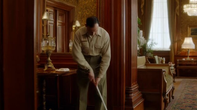Janitor man cleaning and brooming a room