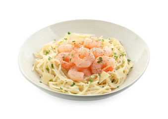 Delicious pasta with shrimps and cheese isolated on white