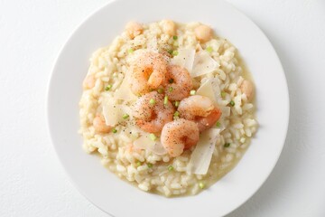Delicious risotto with shrimps and cheese on white table, top view