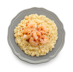 Delicious risotto with shrimps and cheese isolated on white, top view