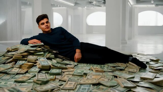 Man arrogantly lying on a pile of money