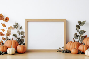 Wooden mock up poster frame with decorations of pumpkins and fall leaves