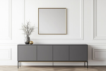 Golden mock up frame on the wall in the modern minimalist room with a sideboard