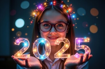Young woman in glasses holding numbers 2025, new year concept and mental health. 