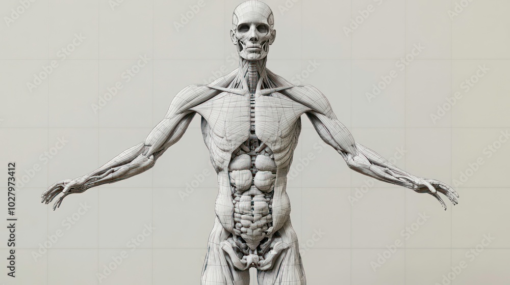 Poster a 3d rendering of a human anatomical model showing the skeletal and muscular systems.