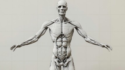 A 3D rendering of a human anatomical model showing the skeletal and muscular systems.