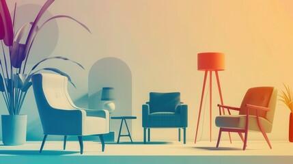 Fototapeta premium Various silhouettes of furniture pieces, including armchairs, a lamp, and a table, create a stylish atmosphere with a vibrant gradient background. Generative AI