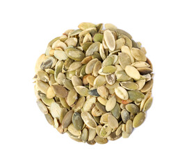 Pile of peeled pumpkin seeds isolated on white, top view