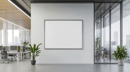 Blank poster mockup in a modern office with a view of a cityscape.