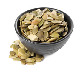 Peeled pumpkin seeds in bowl isolated on white