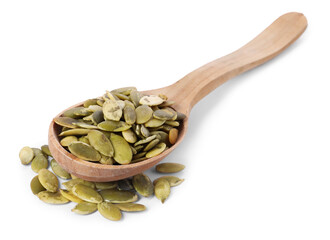 Peeled pumpkin seeds in wooden spoon isolated on white