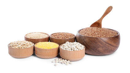 Different types of cereals and legumes isolated on white