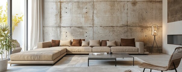 Long panoramic view of a modern living room with a beige sofa, coffee table, and a concrete wall, showcasing spacious interior design