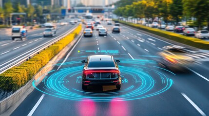 A self-driving car navigates a busy city street with a blue and pink display of its sensors and data.