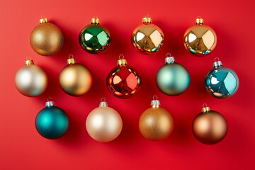 Obraz premium Collection of colorful Christmas tree ornaments stacked together on red background