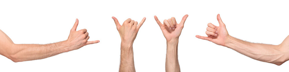 Male hand showing the shaka sign or 'call me' gesture with thumb and pinky extended. Symbol of friendship, relaxed vibes, and also mimicking a phone to suggest a call. Isolated background, PNG file