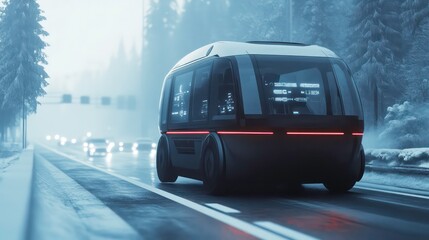 A futuristic self-driving van drives down a snowy road in a foggy forest.