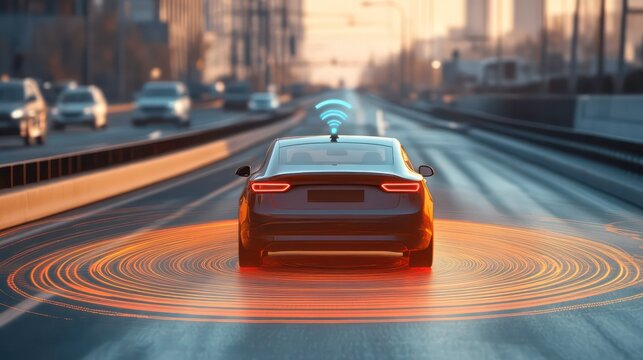 A futuristic car with a wifi symbol on the roof drives on a city road. The car is surrounded by circles of light that represent the car's sensors. - Powered by Adobe