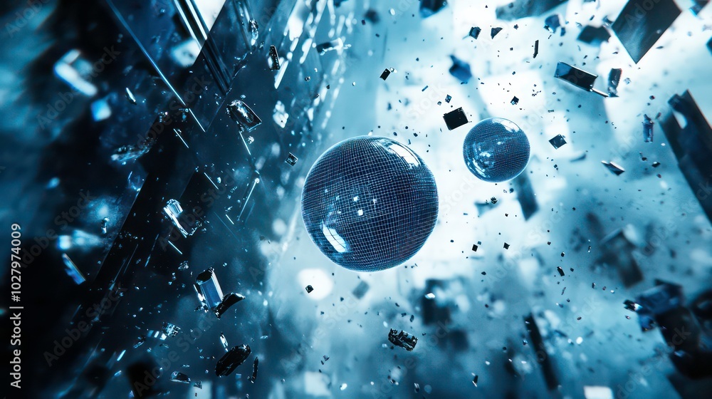 Aufkleber abstract 3d rendering of a futuristic, fragmented, and broken space with glowing blue spheres floati