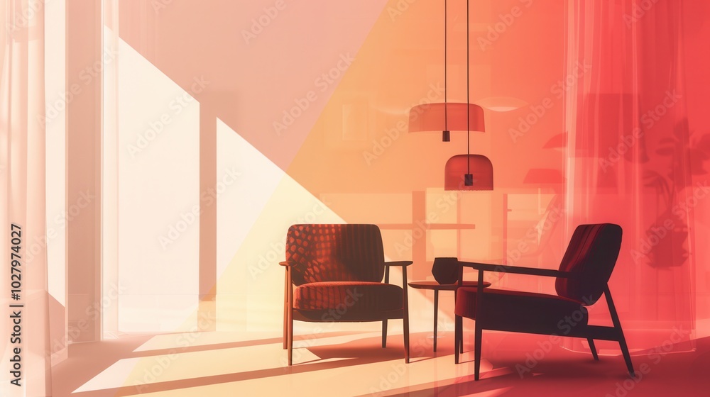 Poster silhouettes of an armchair, table, and lamp create a warm and inviting ambiance in a softly illumina