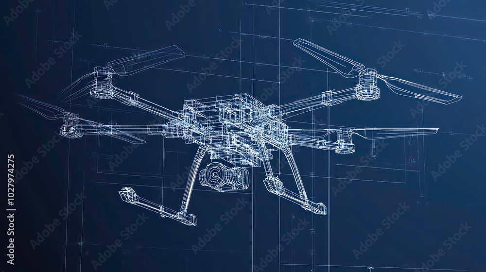 Poster wireframe of a drone with blue background, showing the design and engineering.