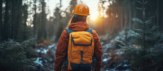 A woman in a yellow hard hat and orange jacket walks through a f