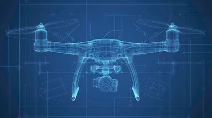 A wireframe drone with a camera on a blue background with grid lines.
