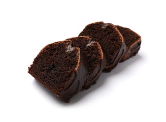 Slices of tasty chocolate sponge cake isolated on white