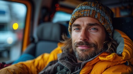 A truck driver resting in the sleeper cab of their truck, showing the cozy and practical sleeping area behind the driver's seat