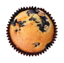 Delicious sweet muffins with blueberry isolated on white, top view