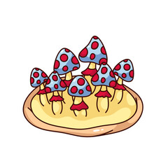 Groovy cartoon pizza with magic mushrooms. Funny retro psychedelic toadstools growing out of funky round pizza. Trippy fast food party mascot, cartoon sticker of 70s 80s style vector illustration