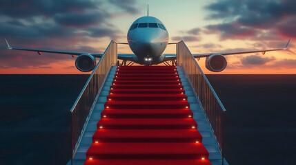 A commercial airplane sits on a runway with a red carpet leading up to the entrance.