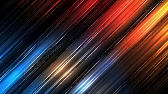 Abstract background forming moving diagonal lines pattern, in red blue and orange colors on black